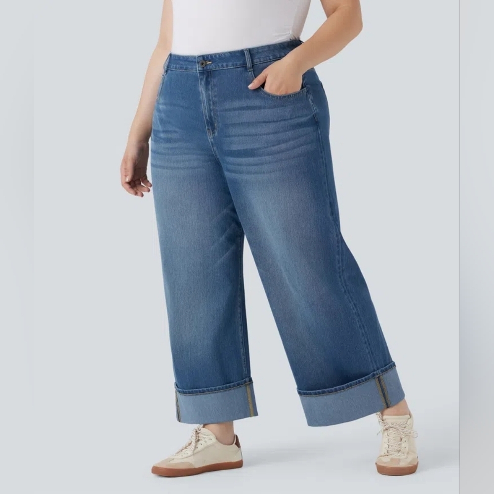 Halara Flex High Waisted Wide Leg Rolled Hem Washed Stretchy Knit Jeans Size XL